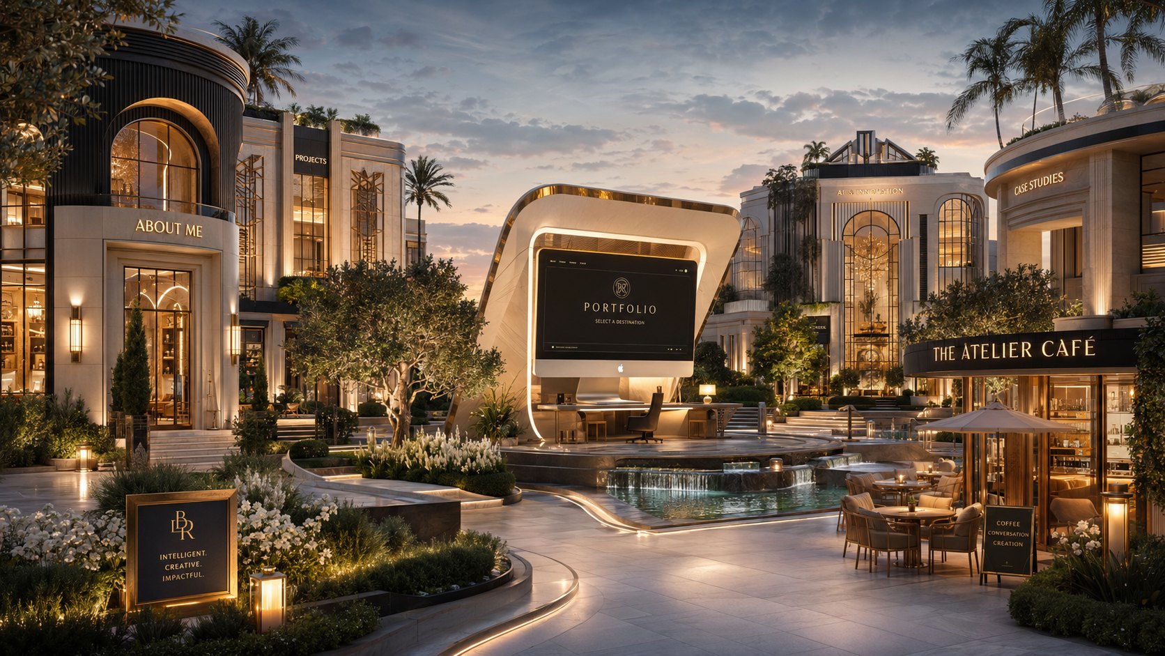 A luxurious sunset plaza where each building represents a section of the portfolio.